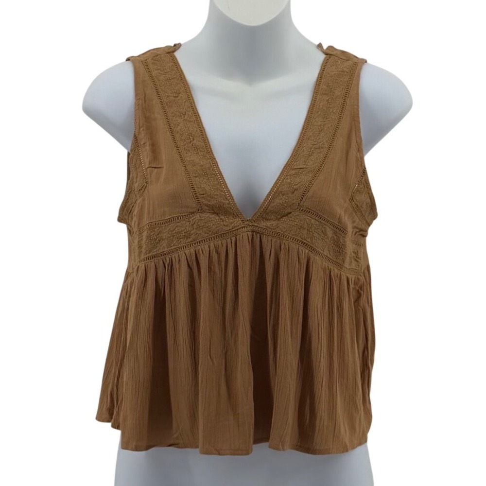 Melrose Place Women Brown Viscose Boho Embroidered V-Neck Babydoll Tank Top S
